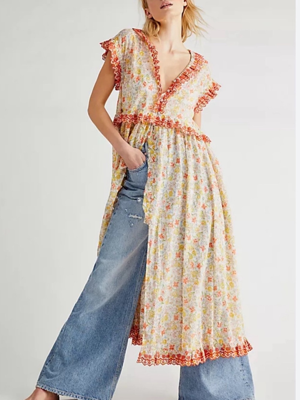 Free People Milania Midi Dress Floral Print Embroidered Cotton Size XS